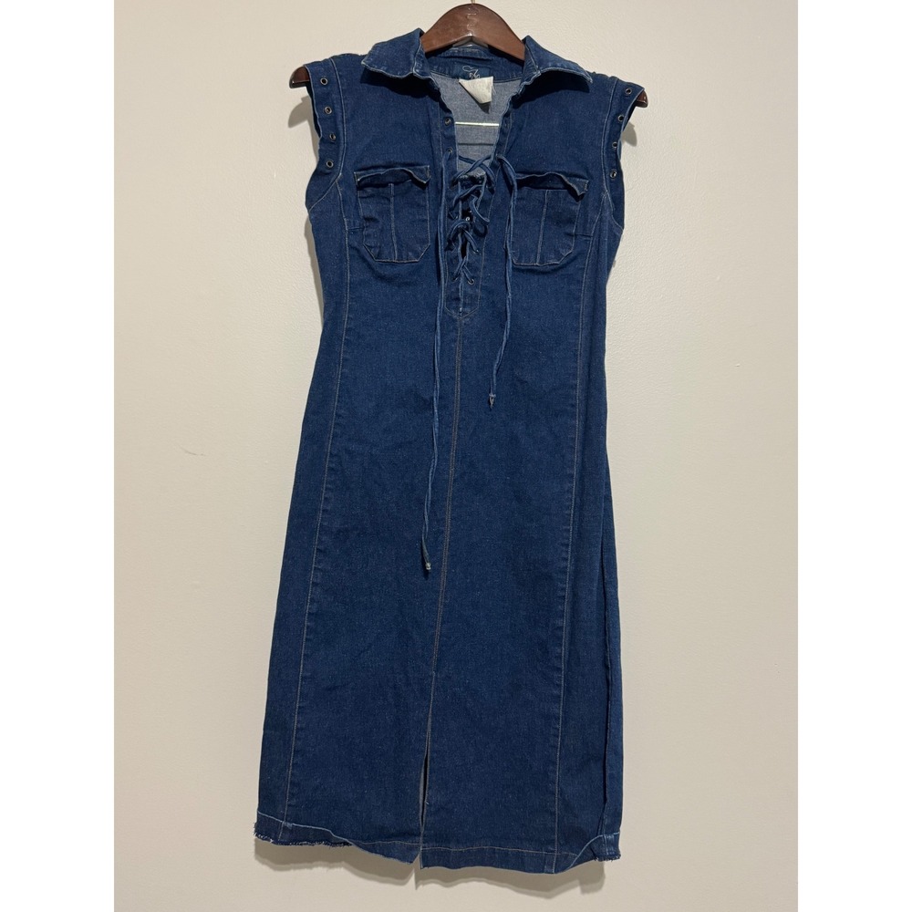 Rag Y2K Vintage Lace Up Denim Midi Dress Medium Wash Sleeveless Grommet Blue